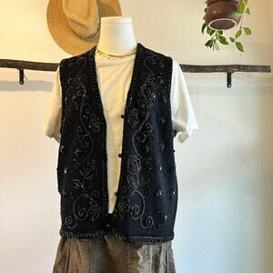 SML Vintage 90s Black Woven Cotton Knit Beaded Embellished Size Small